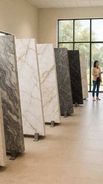 Full-height marble and natural stone slabs displayed for selection