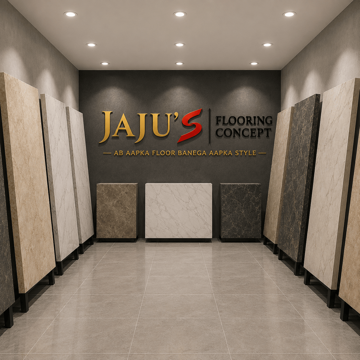 Jaju's Flooring Concepts material display room with marble and stone slabs
